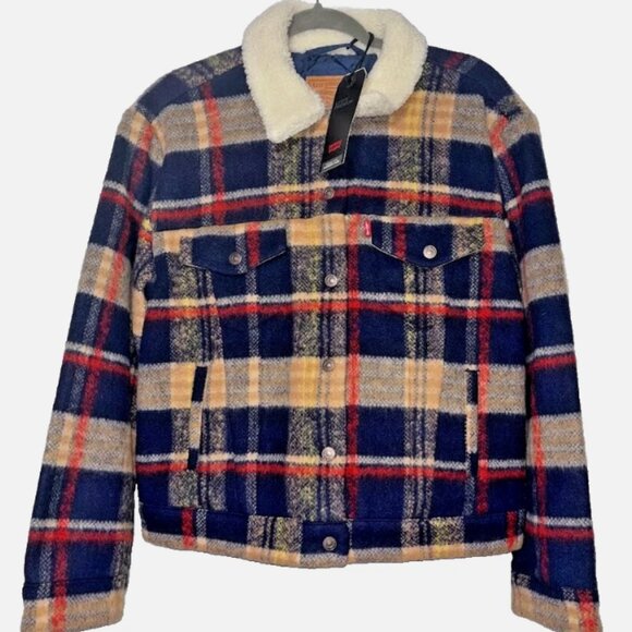 Levi’s Original Sherpa Trucker Wool Jacket Women’s Medium Plaid - Picture 1 of 6